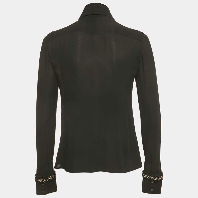 Pre Owned Chanel Black Stretch Silk Tweed and Chain Trimmed Button Front Blouse M