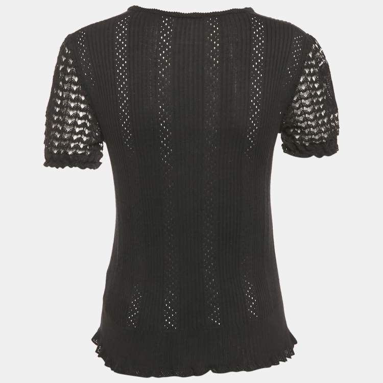 Pre Owned Chanel Black Rib Knit Pocket Front Top L