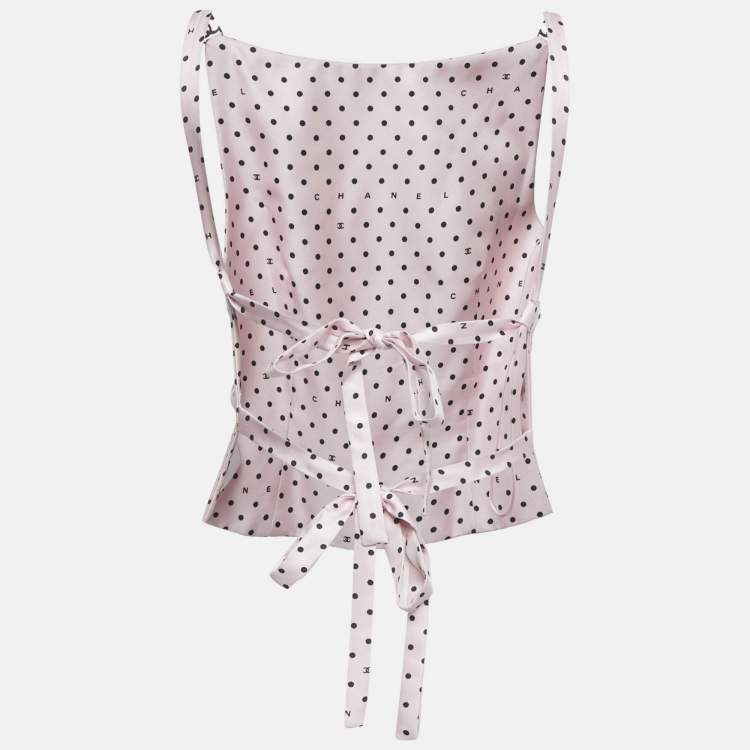 Pre Owned Chanel Pink Polka Dots Silk CC Detail Lace-Up Top M