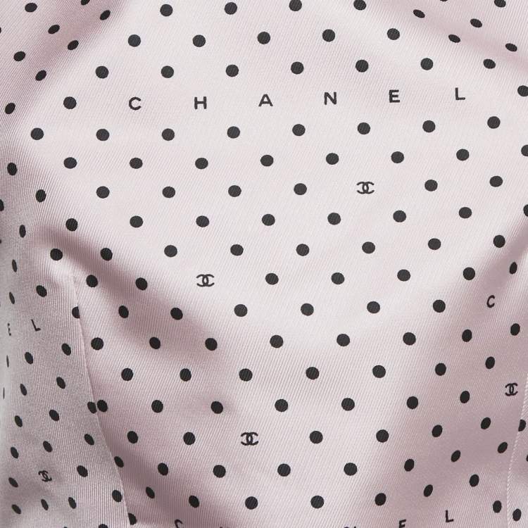 Pre Owned Chanel Pink Polka Dots Silk CC Detail Lace-Up Top M