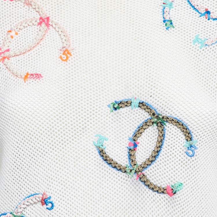 Pre Owned Chanel White CC Embroidered Mesh Crew Neck Top S