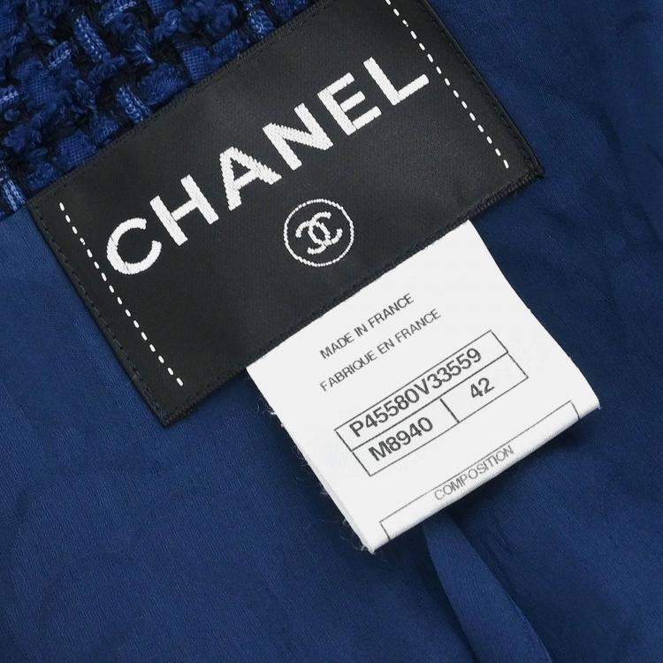 Pre Owned Chanel Single Breasted Collarless Navy Jacket Size 42