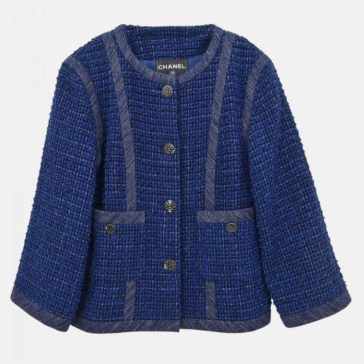Pre Owned Chanel Single Breasted Collarless Navy Jacket Size 42