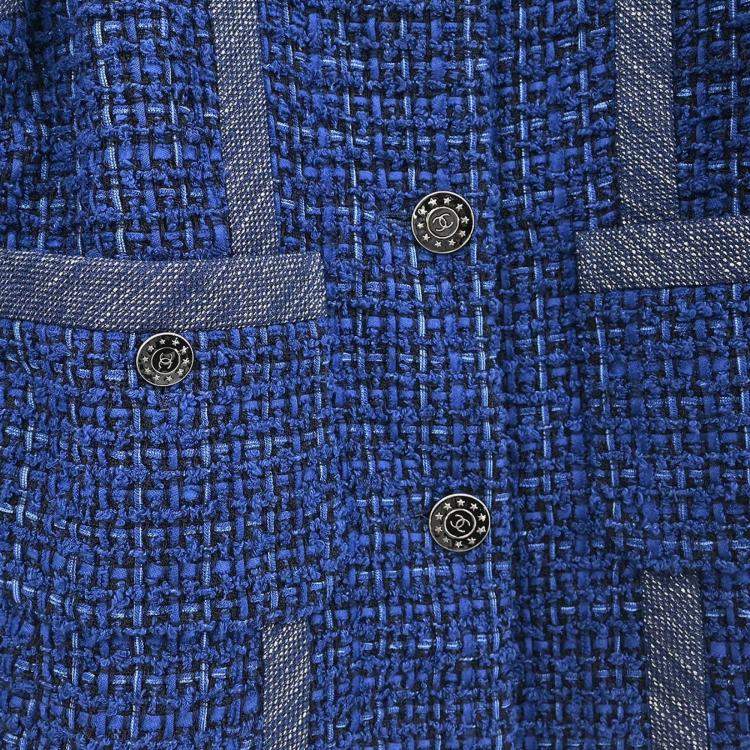 Pre Owned Chanel Single Breasted Collarless Navy Jacket Size 42