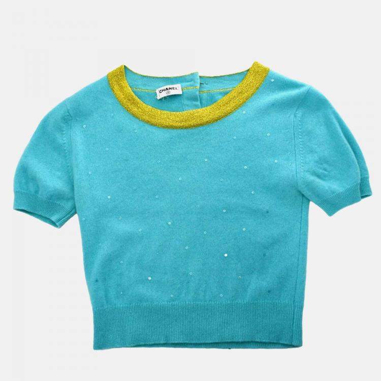 مملوكة مسبقًا Chanel Light Blue Knit Short Sleeve Sweater Top 