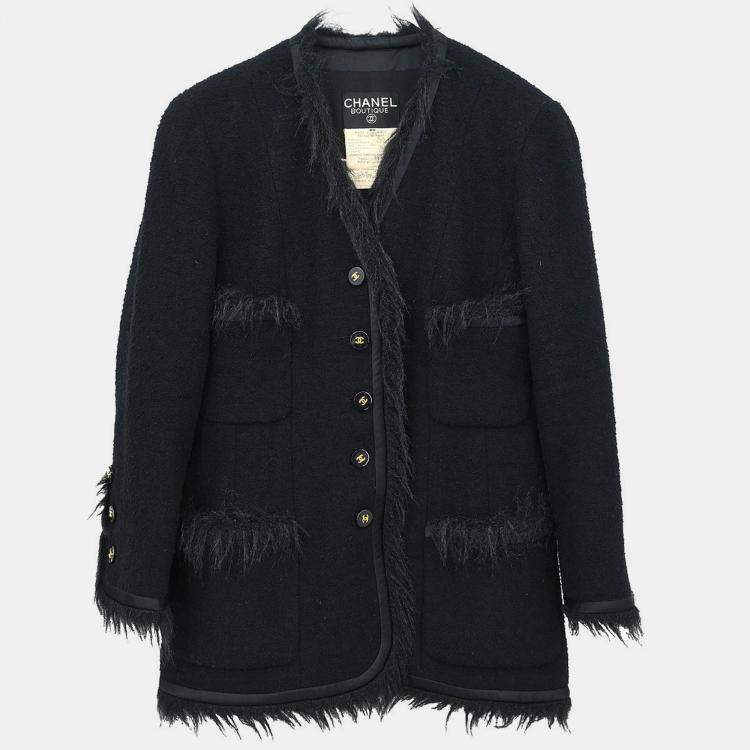 Pre Owned Chanel Single Breasted Collarless Black Wool Jacket Size 40