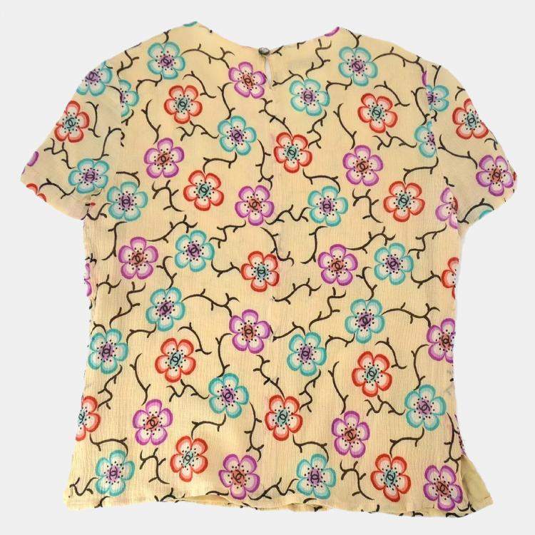 Pre Owned Chanel Flower Pattern Beige Silk Short Sleeve Shirt Size 38