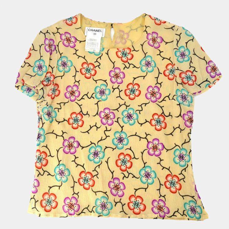 Pre Owned Chanel Flower Pattern Beige Silk Short Sleeve Shirt Size 38