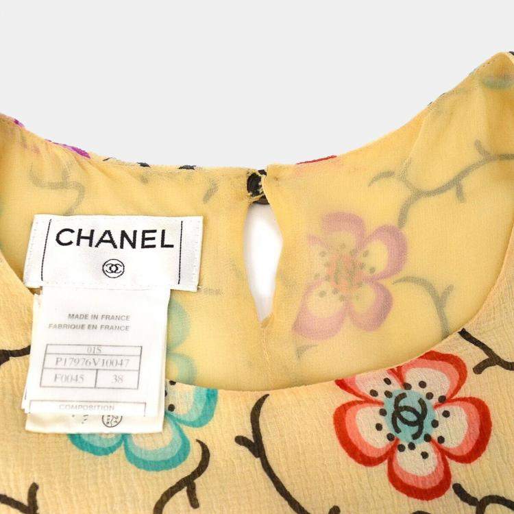 Pre Owned Chanel Flower Pattern Beige Silk Short Sleeve Shirt Size 38