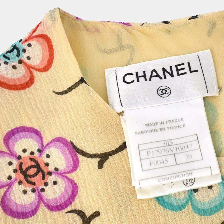 Pre Owned Chanel Flower Pattern Beige Silk Short Sleeve Shirt Size 38
