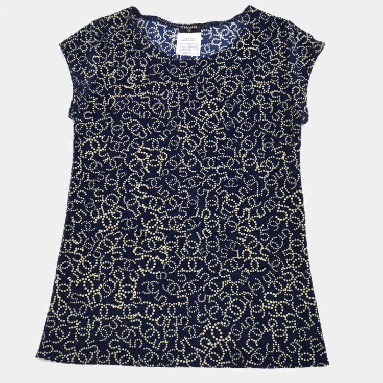 Pre Owned Chanel Beige/Navy Blue Round Neck Short Sleeve Top 38