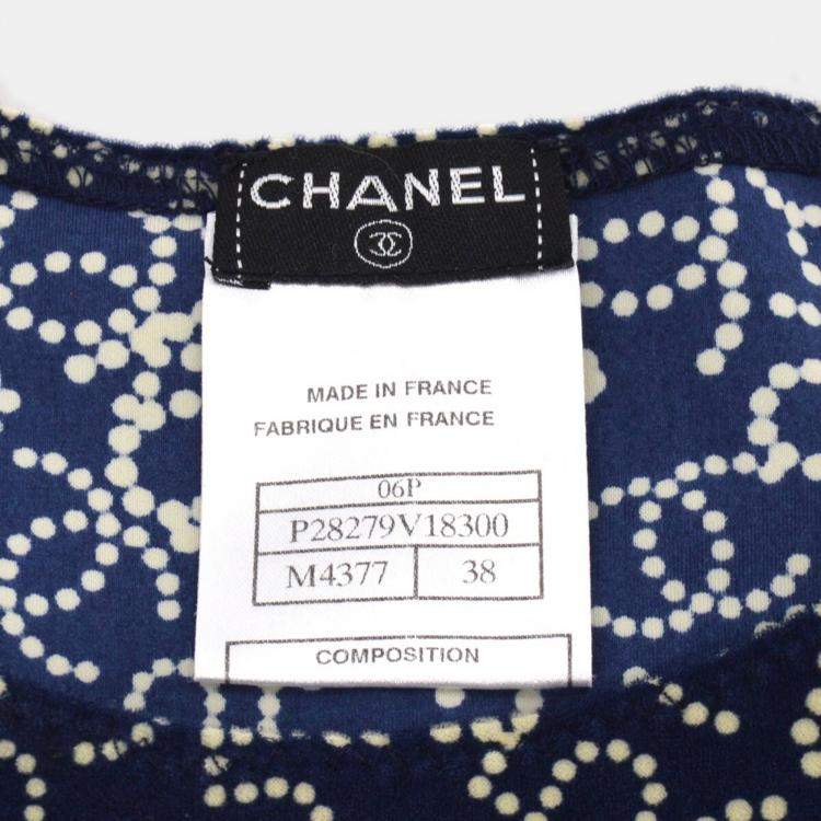Pre Owned Chanel Beige/Navy Blue Round Neck Short Sleeve Top 38