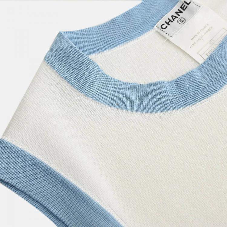 Pre Owned Chanel White/ Blue Cotton Sleeveless Top 40