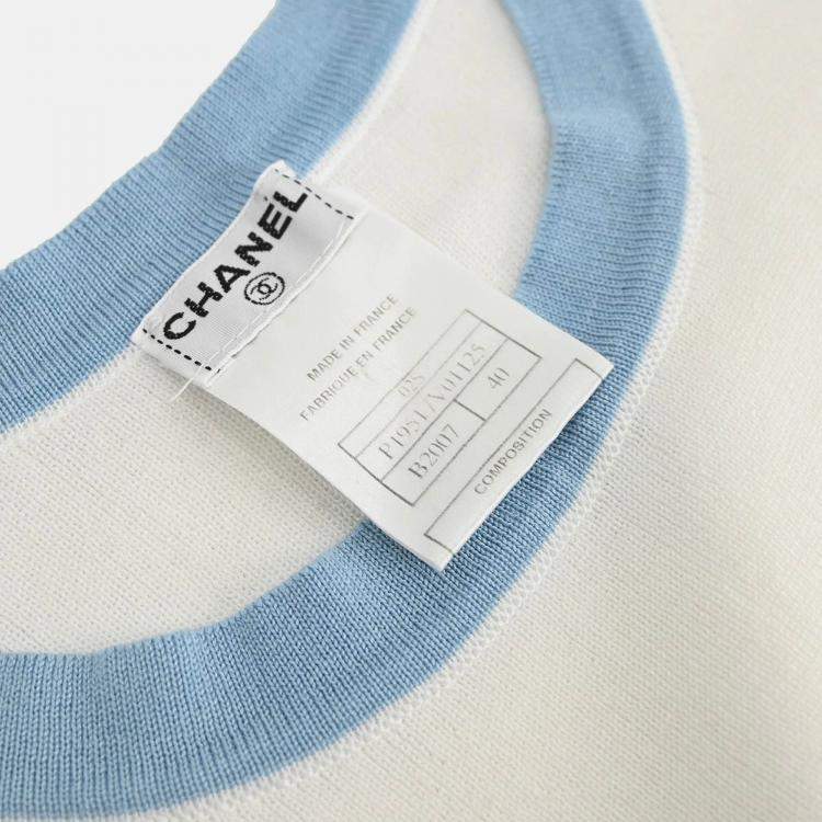 Pre Owned Chanel White/ Blue Cotton Sleeveless Top 40