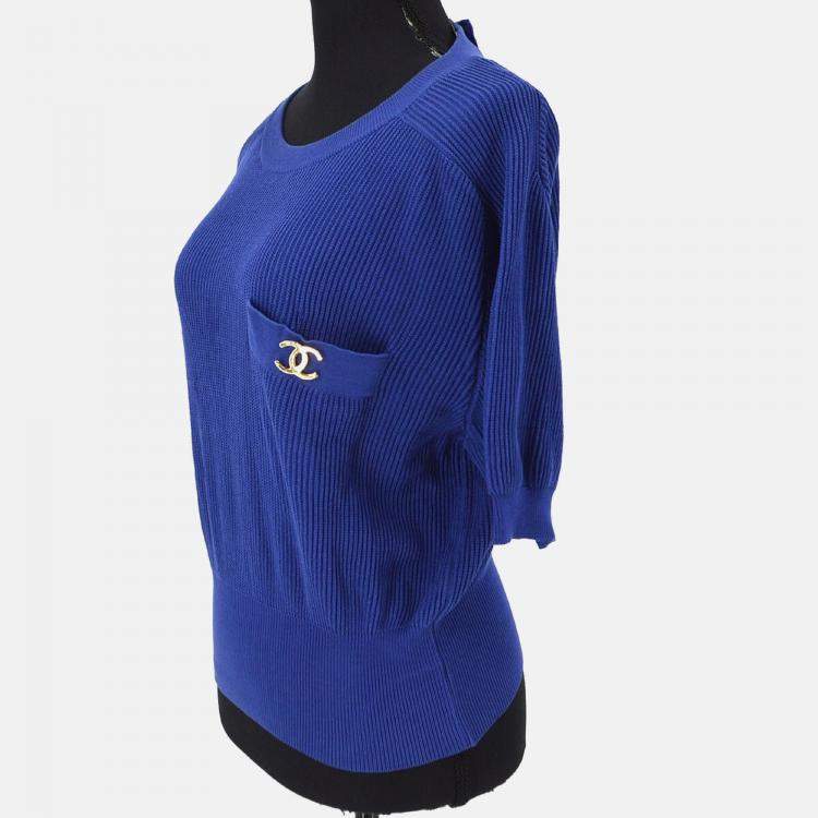 Pre Owned Chanel Round Neck Blue Short Sleeve Knit Top Size 40