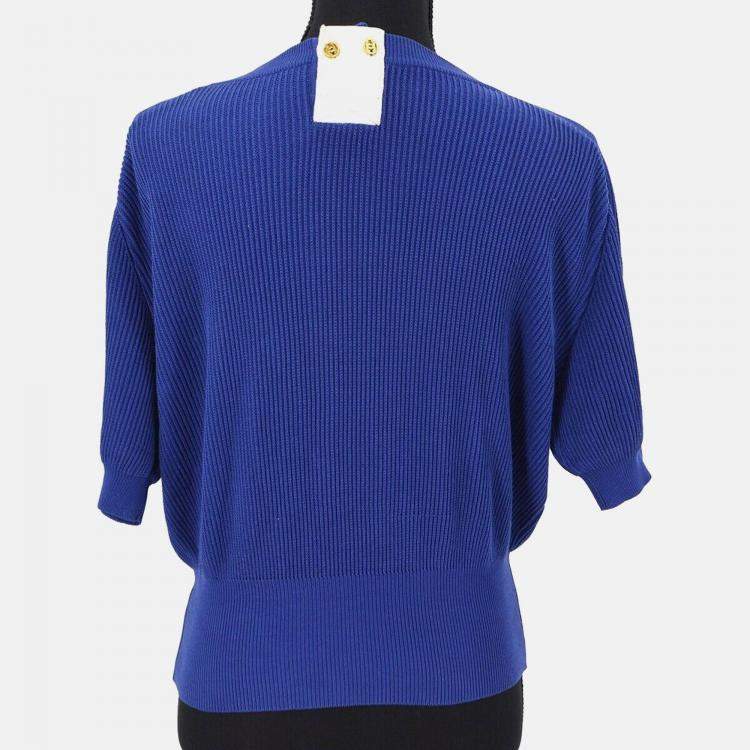 Pre Owned Chanel Round Neck Blue Short Sleeve Knit Top Size 40