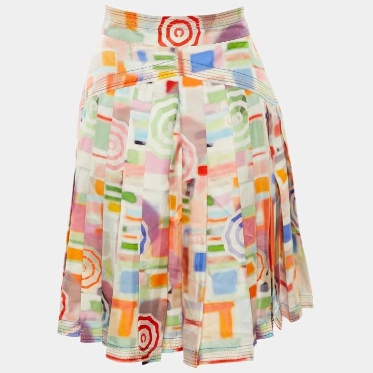 Pre Owned Chanel Multicolor Printed Silk Pleated Knee Length Skirt S