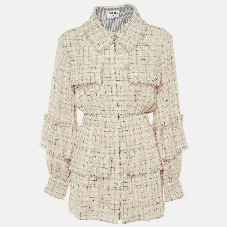 Pre Owned Chanel Pale Pink Tweed Zip Up Mini Dress M