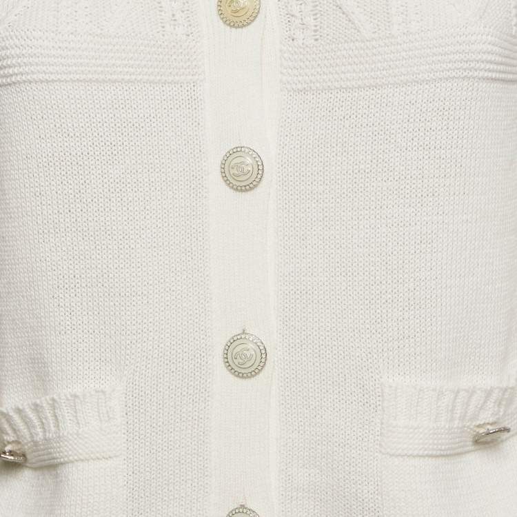 Pre Owned Chanel White Patterned Knit Button Front Cardigan S
