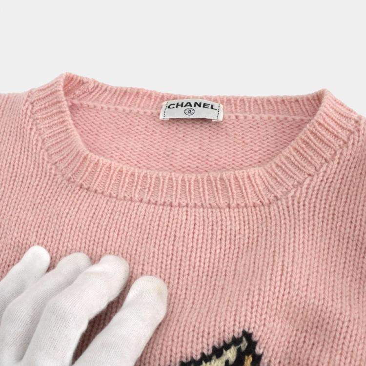Pre Owned Chanel Pink Black Long Sleeve Round Neck Knit Sweater 