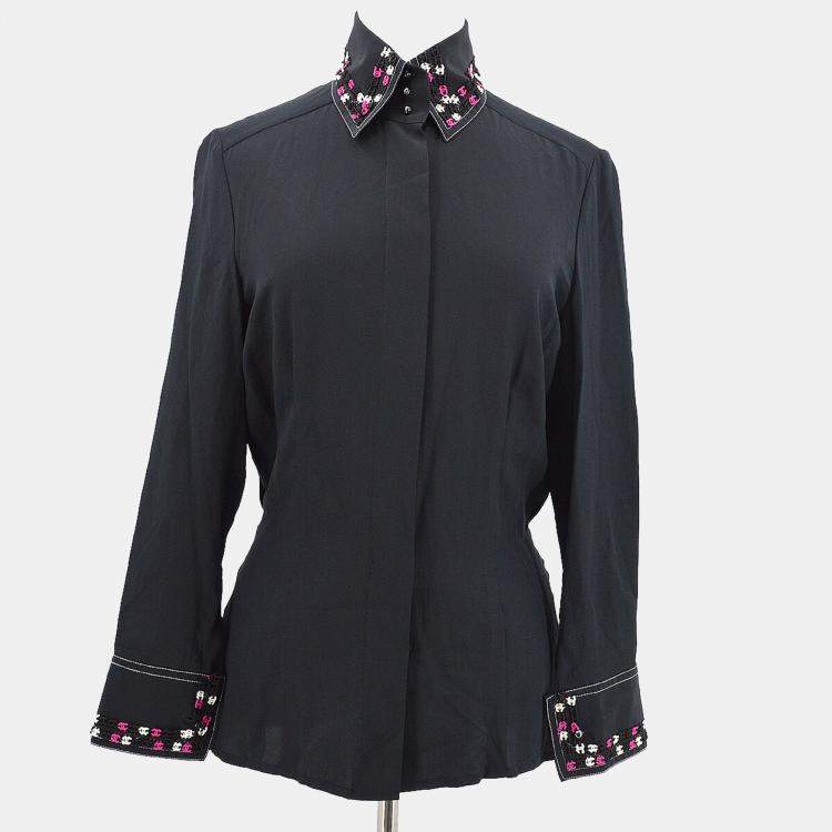 Pre Owned Chanel  Race Front Opening Long Sleeve Top Shirt Black