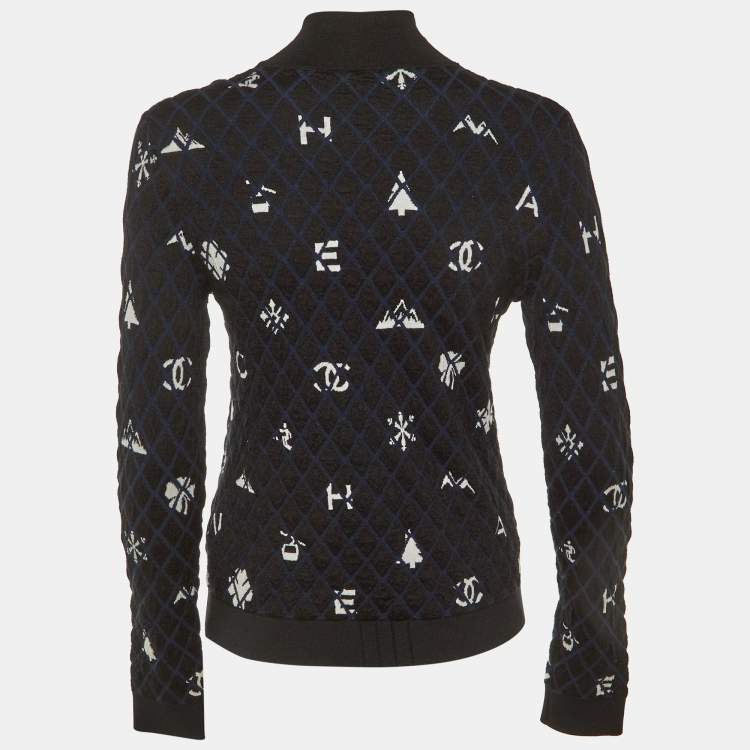 Pre Owned Chanel Navy Blue CC Quilted Pattern Wool High Neck Sweater S