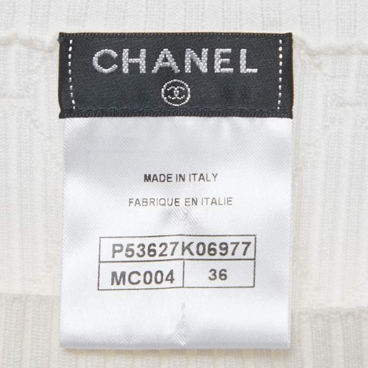 Pre Owned Chanel White/Blue Striped Rib Knit Top S