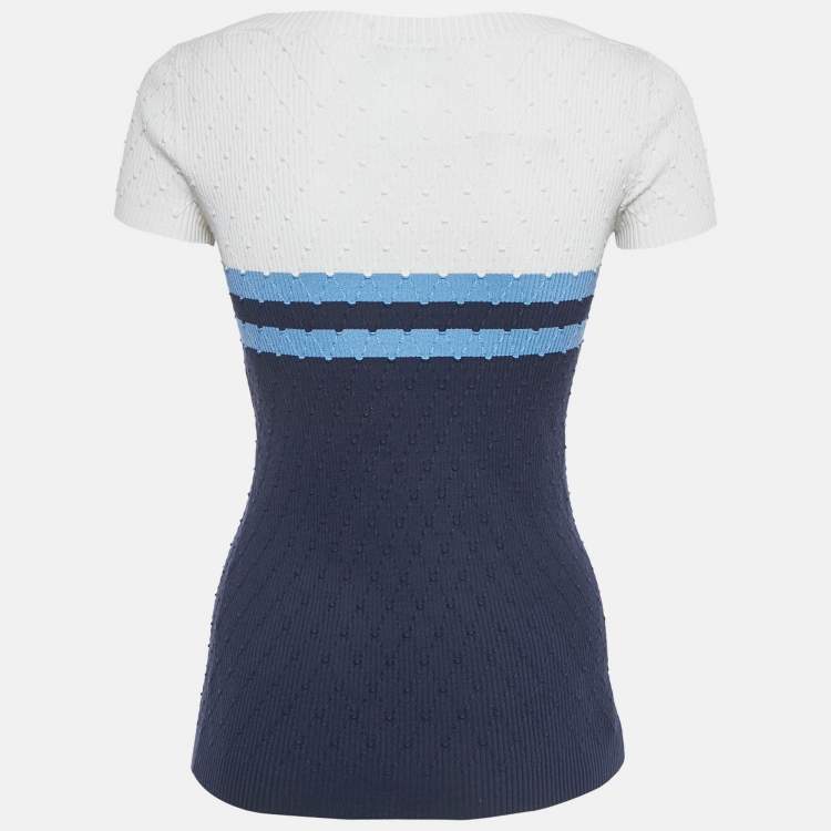 Pre Owned Chanel White/Blue Striped Rib Knit Top S