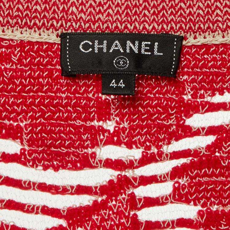 Pre Owned Chanel Red Floral Jacquard Knit Pant Suit L