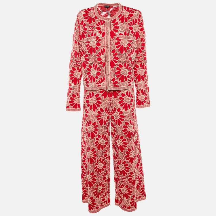 Pre Owned Chanel Red Floral Jacquard Knit Pant Suit L
