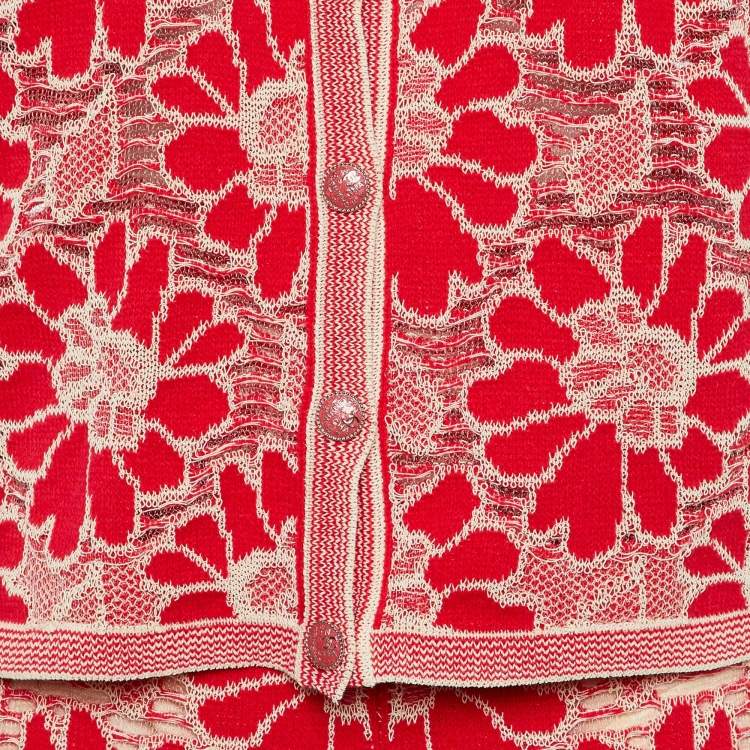 Pre Owned Chanel Red Floral Jacquard Knit Pant Suit L