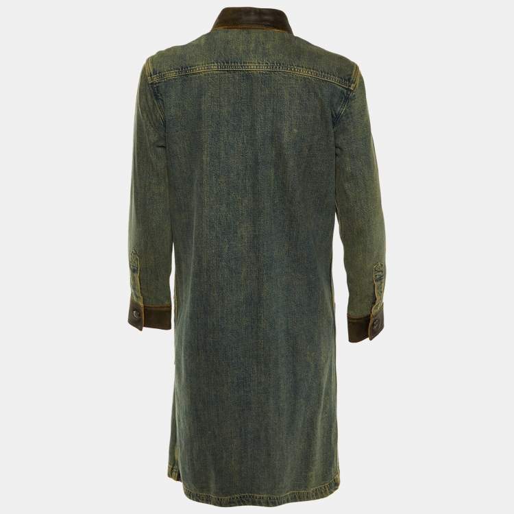 Pre Owned Chanel Blue Denim & Leather Collar Button Front Coat M