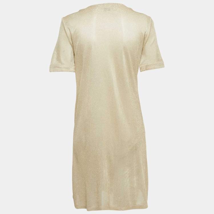 Pre Owned Chanel Beige Lurex Knit Button Detail Mini Dress M