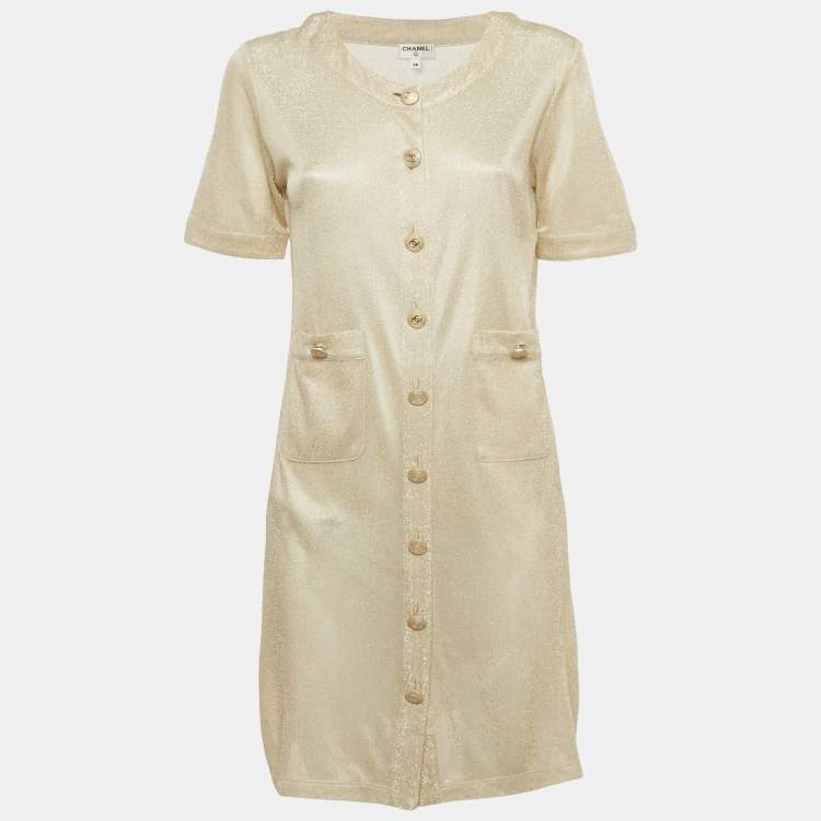 Pre Owned Chanel Beige Lurex Knit Button Detail Mini Dress M