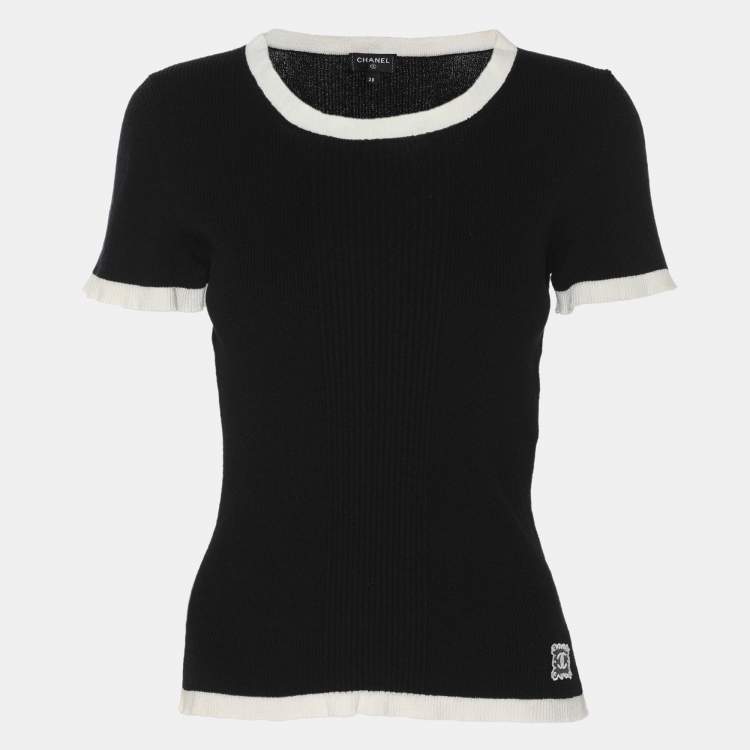 Pre Owned Chanel Black/White Rib Knit Tops M