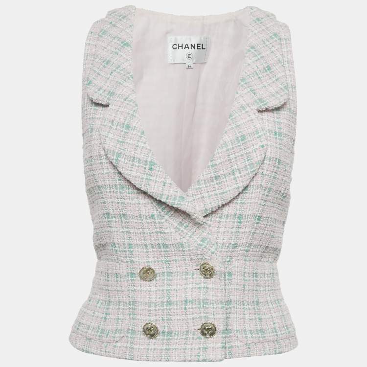 Pre Owned Chanel Pink/Green Tweed Double Breasted Sleeveless Jacket S