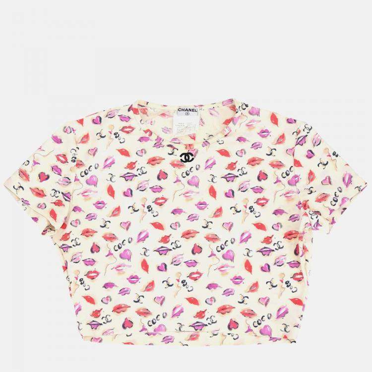 Pre Owned Chanel Lipstick Cropped Ivory Cotton T-Shirt Size 42