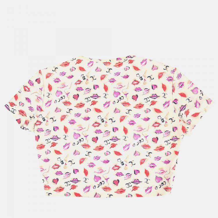 Pre Owned Chanel Lipstick Cropped Ivory Cotton T-Shirt Size 42