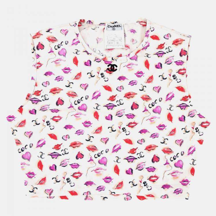 Pre Owned Chanel Lipstick Cropped Sleeveless White Cotton Top Size 42