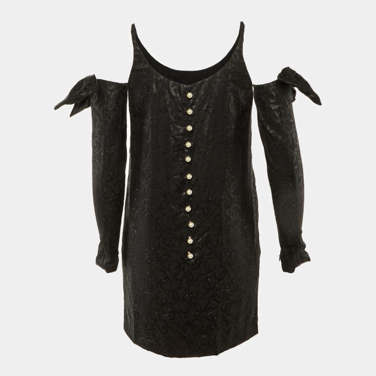 Pre Owned Chanel Black Silk CC Embellished Glove Detail Mini Dress M