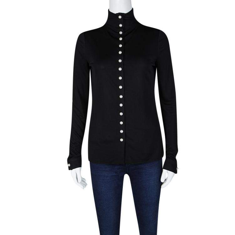 Pre Owned Chanel Pearl Embellished Button Detail Long Sleeve Blouse M
