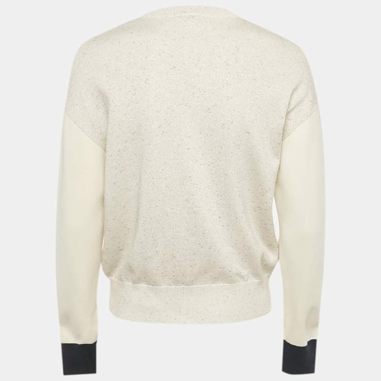 Pre Owned Chanel White/Metallic Lurex Knit Logo Detail Long Sleeve Sweater M