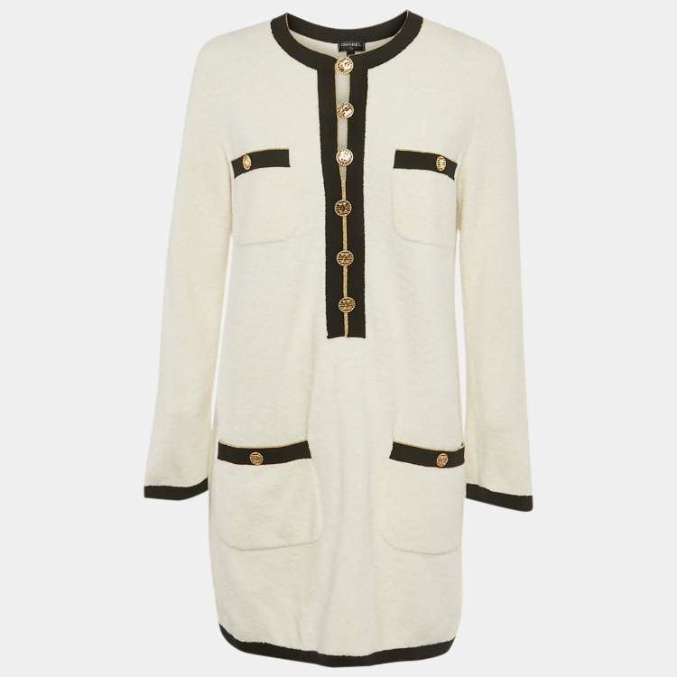 Pre Owned Chanel White Cotton Terry Button Detail Mini Dress M