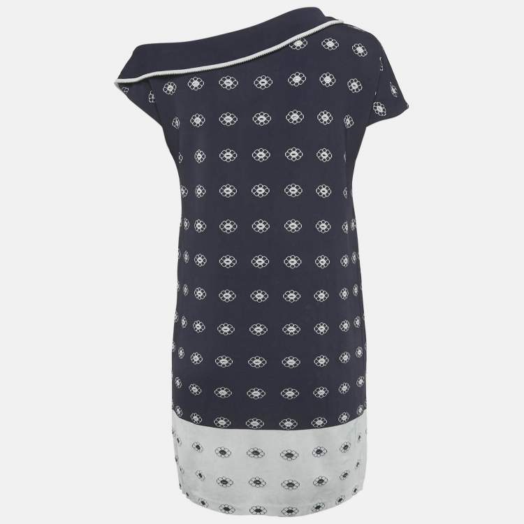 Pre Owned Chanel Navy Blue Floral Patterend Rib Knit Mini Dress S