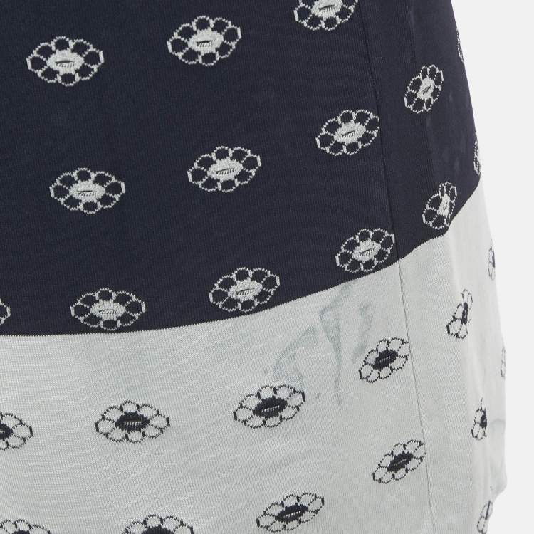 Pre Owned Chanel Navy Blue Floral Patterend Rib Knit Mini Dress S
