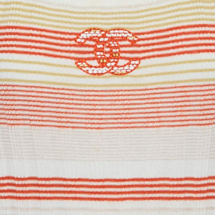 Pre Owned Chanel Orange /Yellow Logo Embroidered Rib Knit Tank Top S 