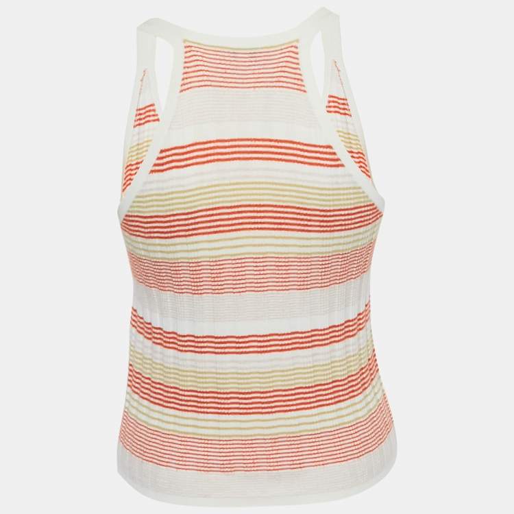 Pre Owned Chanel Orange /Yellow Logo Embroidered Rib Knit Tank Top S 