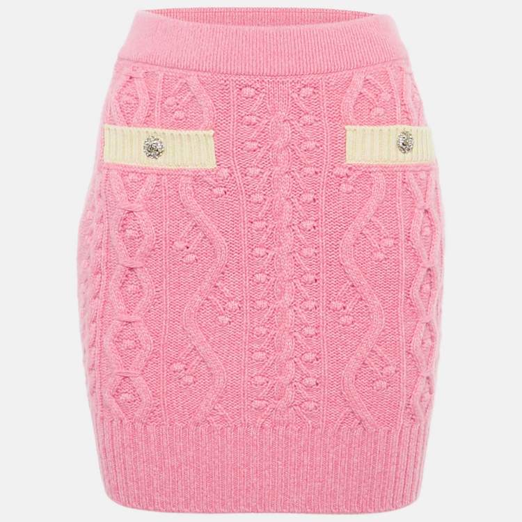 Pre Owned Chanel Pink Cashmere Cable Knit Pocket Front Mini Skirt S 