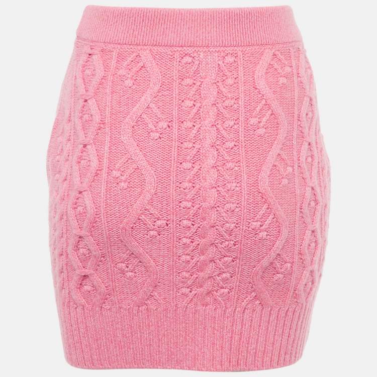 Pre Owned Chanel Pink Cashmere Cable Knit Pocket Front Mini Skirt S 