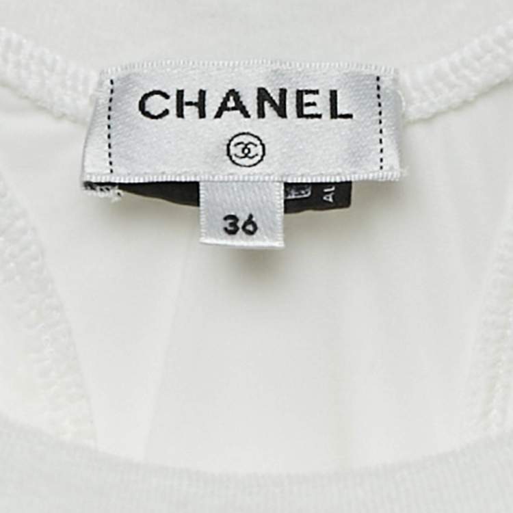 Pre Owned Chanel White Sequin Logo Embellished Velvet Cotton Crop Top S